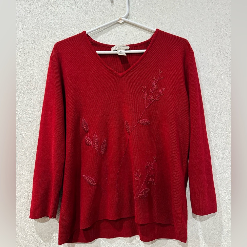 Evan Picone Red V-Neck Blouse with Leaf Detail